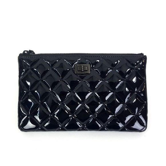 Chanel So Black Reissue 2.55 O Case Quilted Patent Leather Cosmetic Pouch Bag - Picture 1 of 7
